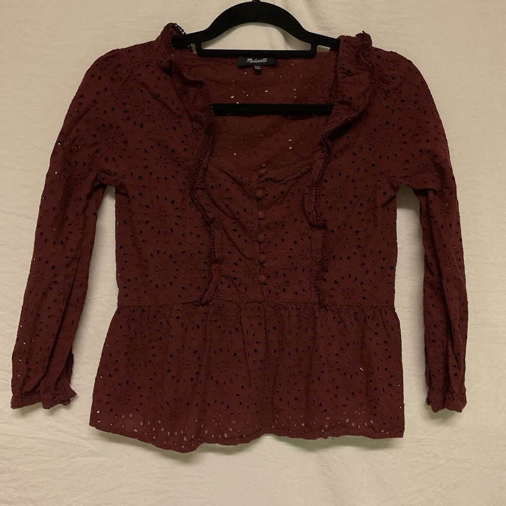 Madewell Burgundy Red Long Sleeve Blouse Eyelet Details Size Xxs Ruffles Balloon